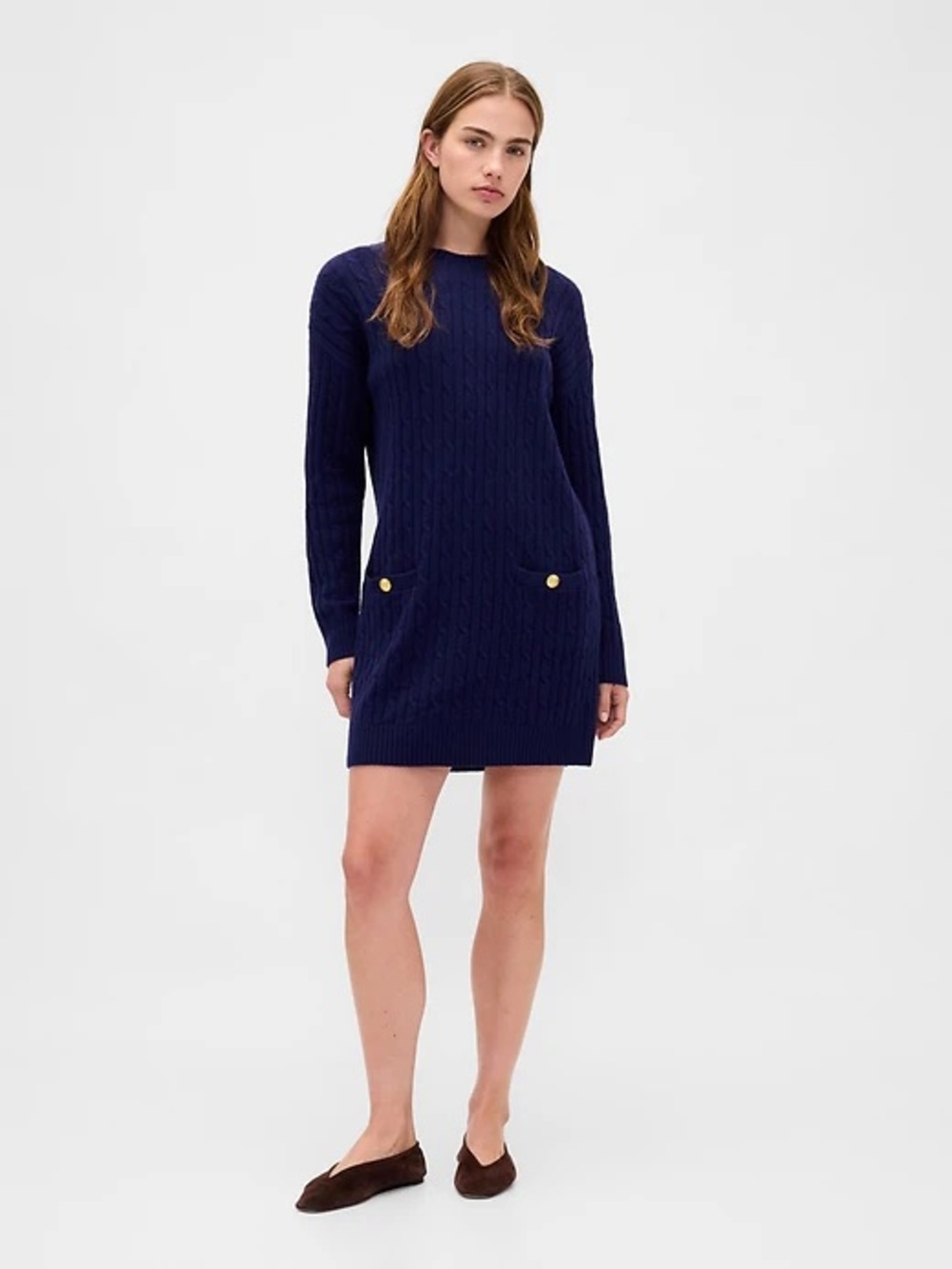 Gap Cashsoft Navy Cable-Knit Long Sleeve Sweater Dress Medium Tall